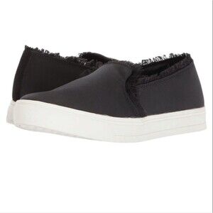 LFL Sneakers Slip On Shoe Loafers Black Satin‎ Fringe Raw Hem Memory Foam 10